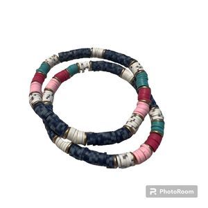 Lot of 2 Multicolored Clay Rubber Beads Gold Tone Spacers Elastic Bracelets